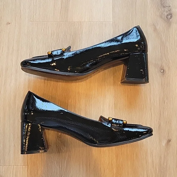Bibi Lou Black Patent Leather Gold buckle detail Heels VGUC! Sz 8-8.5, 39 - Picture 4 of 7